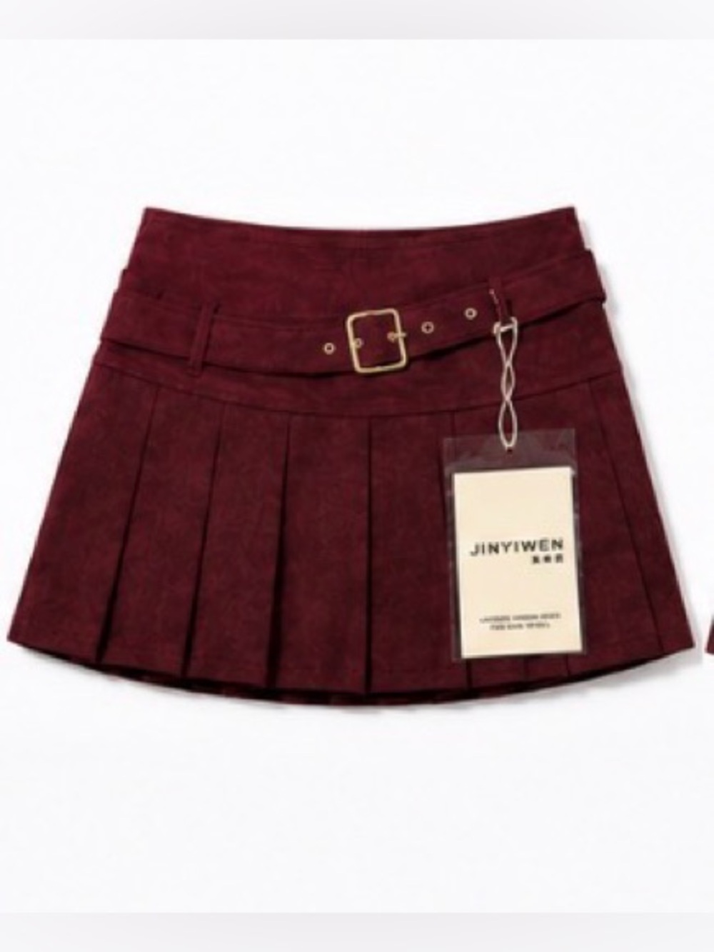 JINYIWEN Burgundy Faux Suede Pleated Belted Mini Skirt NWT M